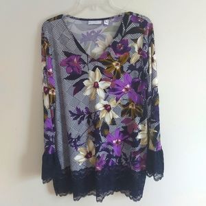 Susan Graver Liquid Knit Womens Blouse Size L Floral Lace Trim V Neck Pullover